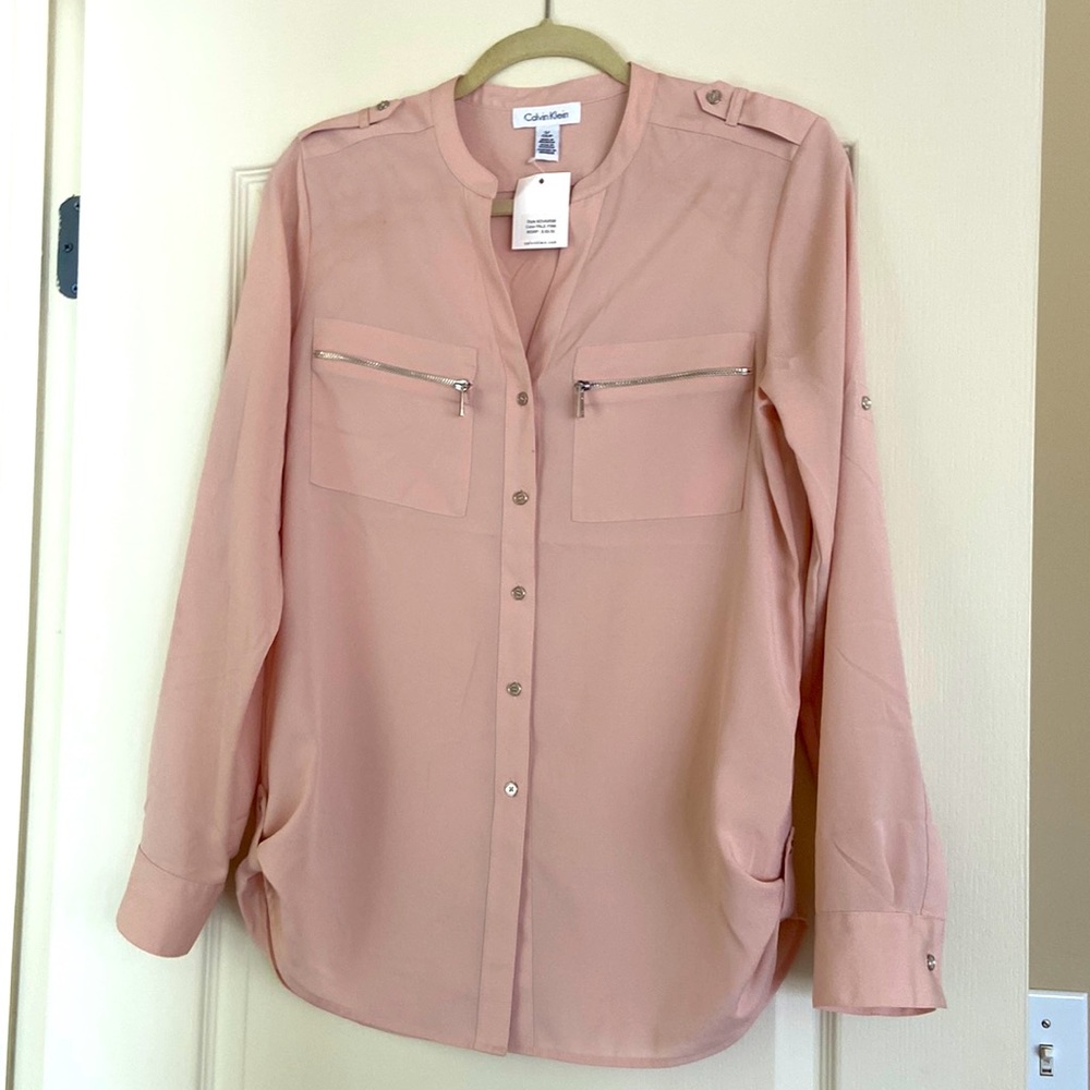 Calvin Klein blouse blush color long sleeve with roll up button option brand new